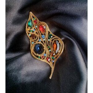 Vintage LaRoco Large Leaf Gold Toned Colorful Multicolored Rhinestones